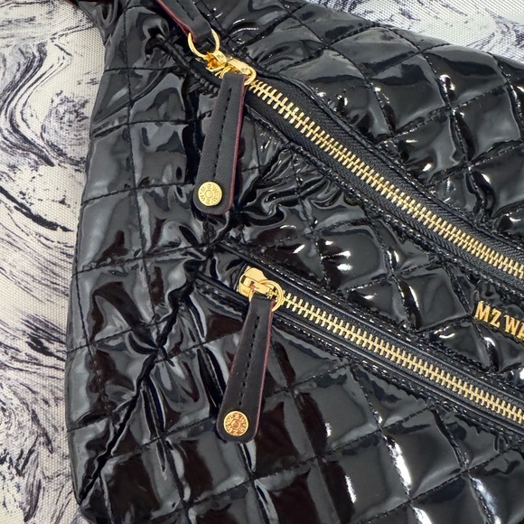 MZ Wallace Black Laquer Quilted Crosby Crossbody Sling  Bag Gold Accent - Picture 5 of 12